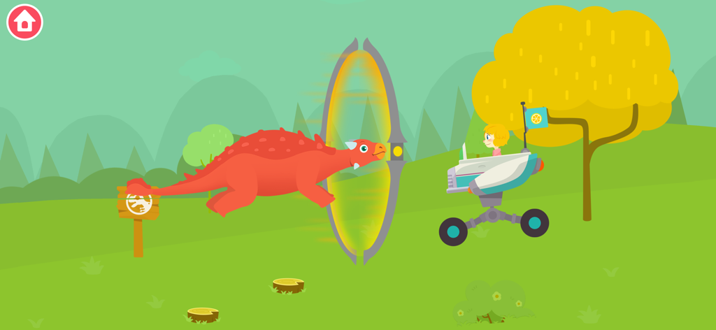 Un dinosaure rouge traversant un portail lumineux vers un enfant dans un véhicule