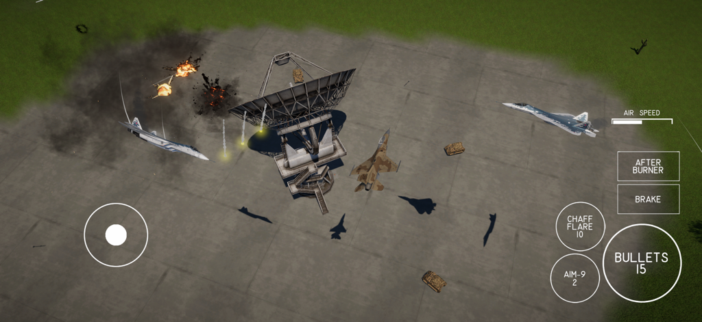 Cazas en combate aéreo sobre una base militar con una gran antena parabólica