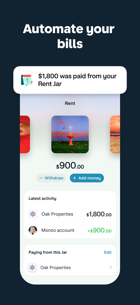 Monzo - Mobile Banking - Tela do aplicativo Monzo mostrando uma notificação de pagamento de conta automatizado e atividade na jarrinha de economia para aluguel