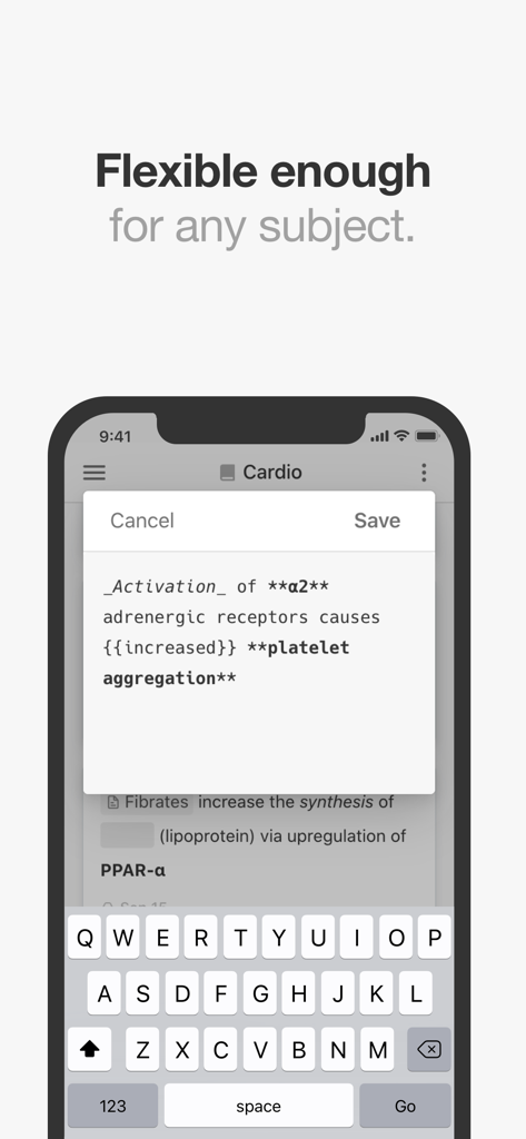 Mochi - Flashcards and notes - Mochi app interface for creating flashcards using Markdown for a cardio subject.