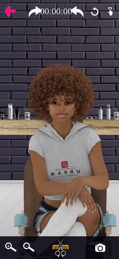 Diverse character with curly hair in a barber shop simulation screen