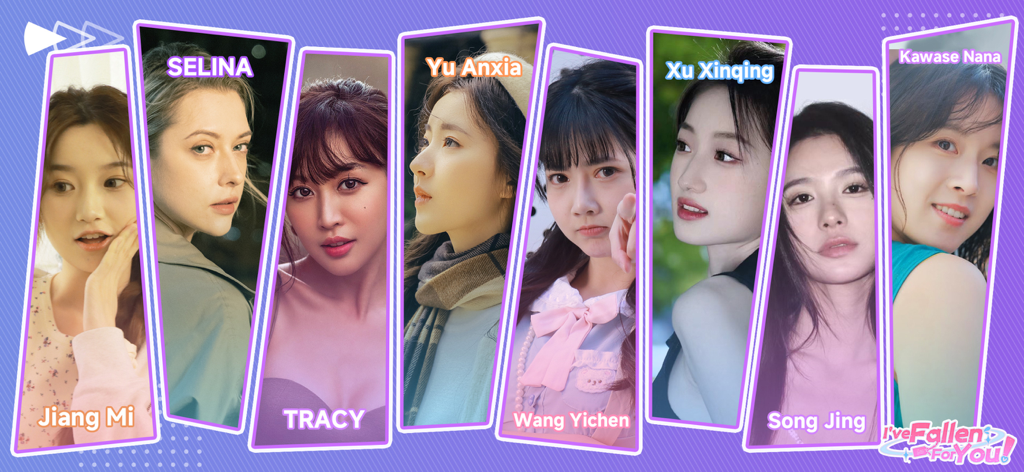 A gallery showcasing eight beautiful female characters from the interactive romance game Fallen For You.