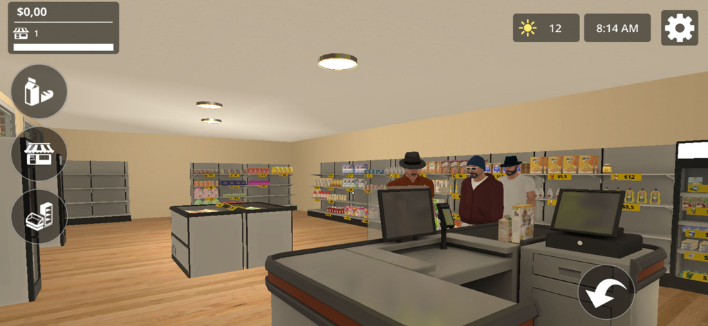 City Shop Simulator - 背景に棚があるスーパーマーケットのレジカウンターの顧客を一人称視点で見た様子