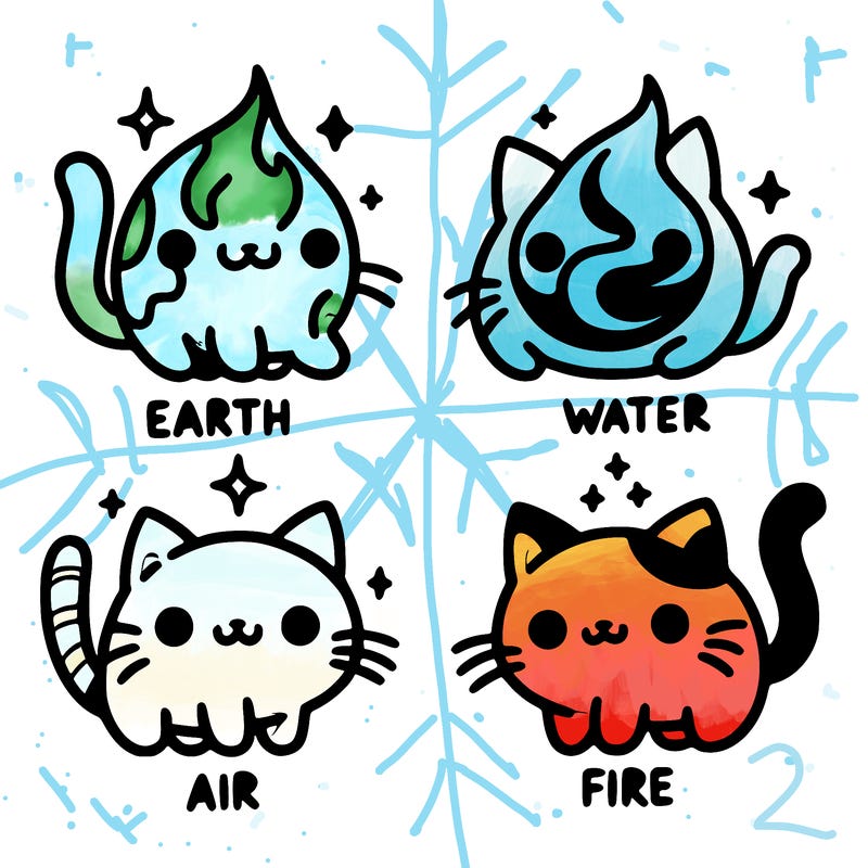 4 cats that represent the different elements, earth, water, air, and fire