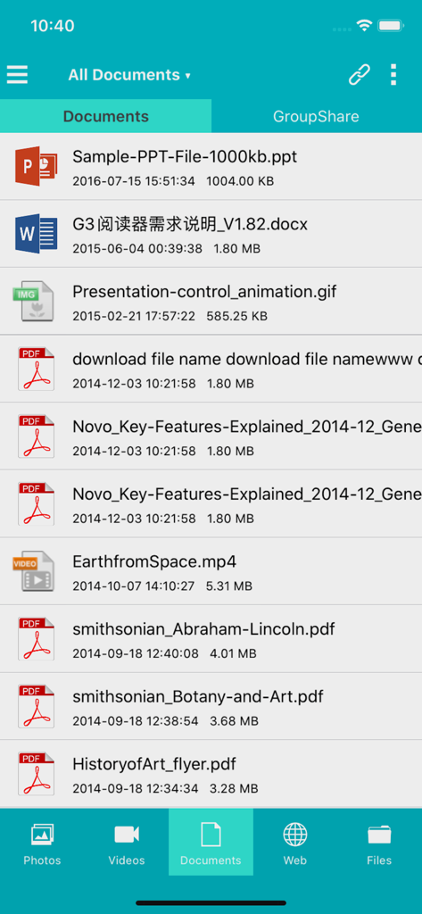 Interface de l'application NovoConnect montrant une liste de documents prêts pour le partage sans fil.
