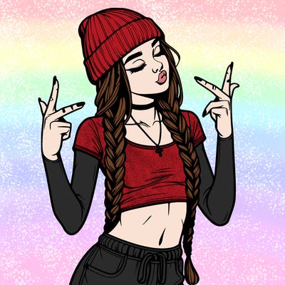 realistic teenage girl with braids and a beanie and crop top doing 🫶🏼