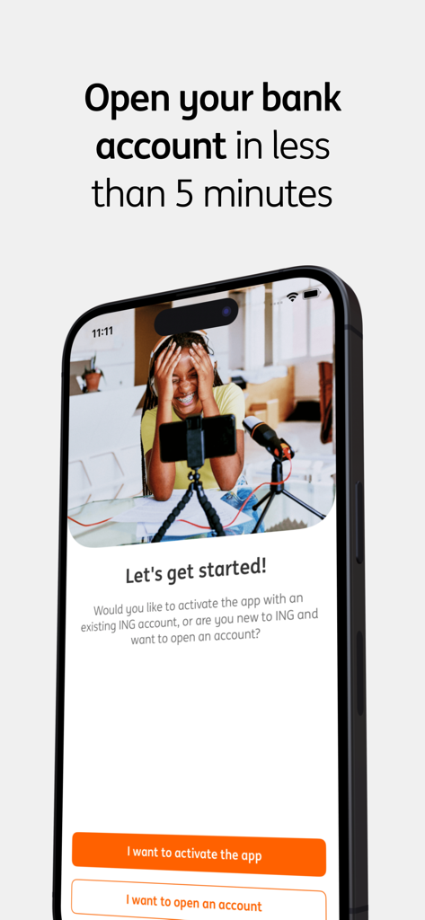 ING Banking app onboarding screen with fast account opening option