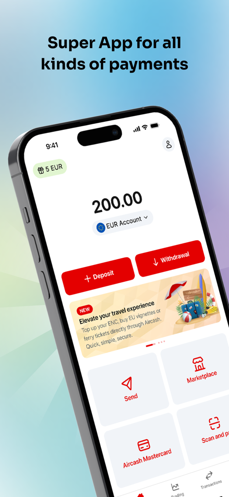 Aircash super app dashboard with digital wallet balance deposit and withdrawal options