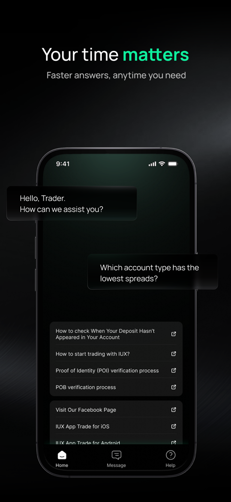 Customer support screen in the IUX trading app showing a 24/7 chat feature and frequently asked questions.