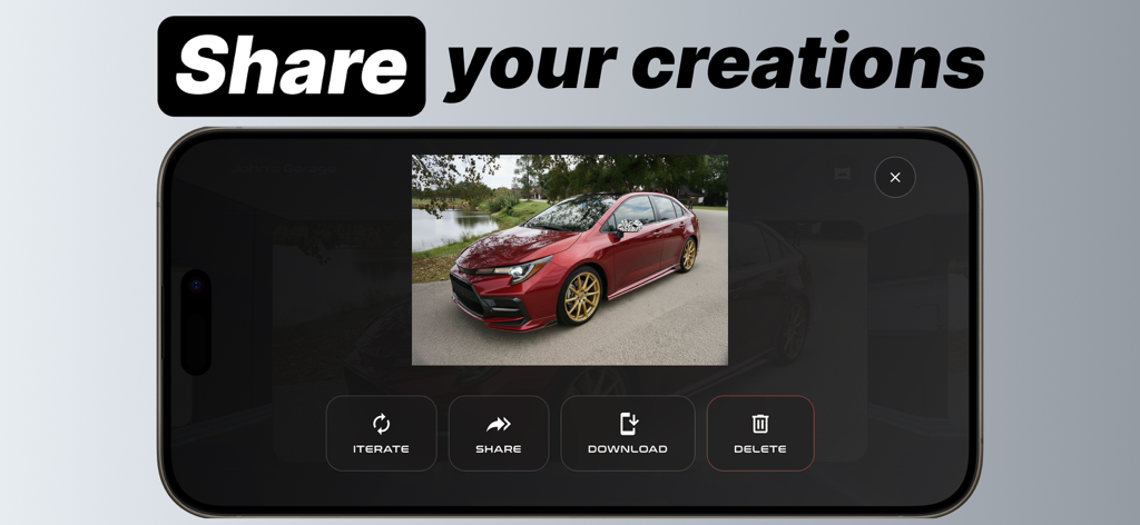 Tunex: AI Car Design & Tuning - Tunex app interface showing options to share or download a customized red car design