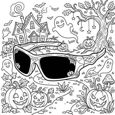 Dive into a unique Halloween coloring experience with this page featuring cool sports eyewear. Surround yourself with friendly ghosts, smiling jack-o'-lanterns, and a haunted house for hours of creative fun.