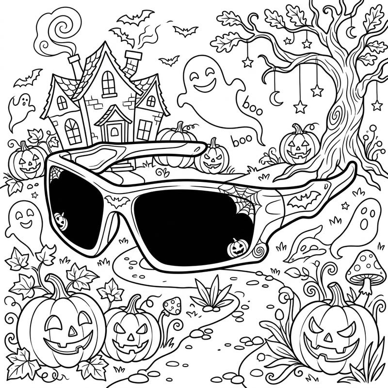 Dive into a unique Halloween coloring experience with this page featuring cool sports eyewear. Surround yourself with friendly ghosts, smiling jack-o'-lanterns, and a haunted house for hours of creative fun.