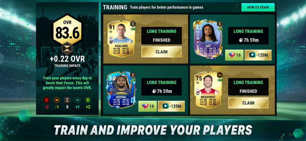 Ultimate Football Manager player training screen with Haaland and Ake player cards