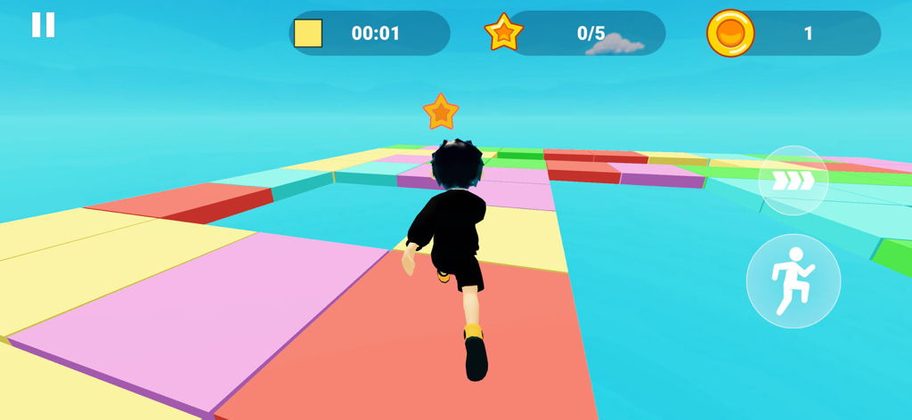Parkour Fun: Obby Games Master - A 3D character running on a grid of colorful tiles in the Color Floor Mode