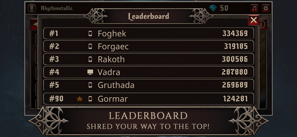 Écran du classement mondial dans Rhythmetallic montrant les meilleurs scores et classements des joueurs