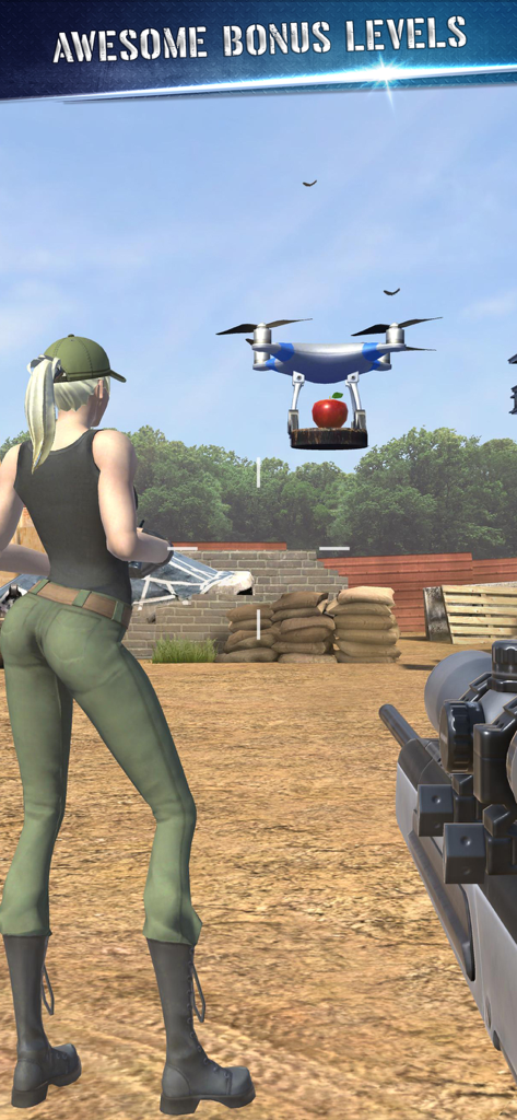 Guns Master - ボーナスレベルでリンゴのターゲットを持つドローンを狙う一人称シューティングビュー。