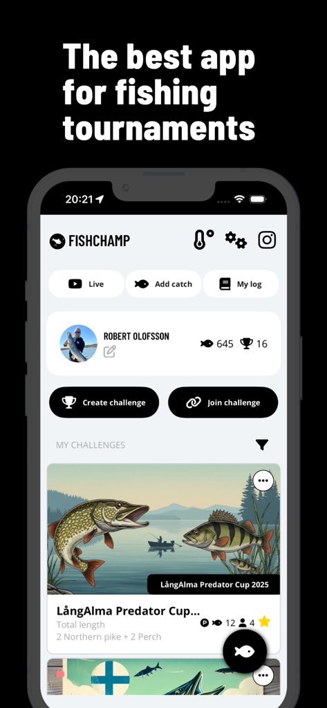 FishChamp - Fishing Challenges - FishChamp app home screen showing fishing tournament challenges and user profile statistics