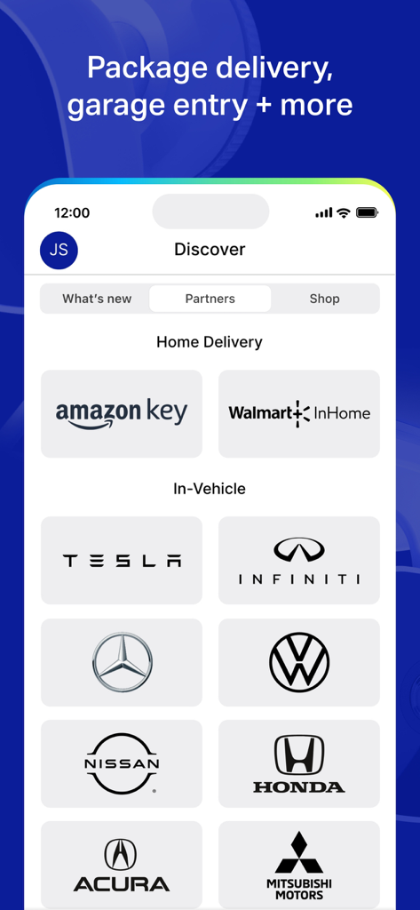 Tela Discover do aplicativo myQ mostrando parceiros de entrega em casa e em veículos como Amazon Key Tesla e Mercedes
