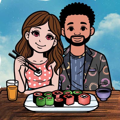 women eating sushi with husband