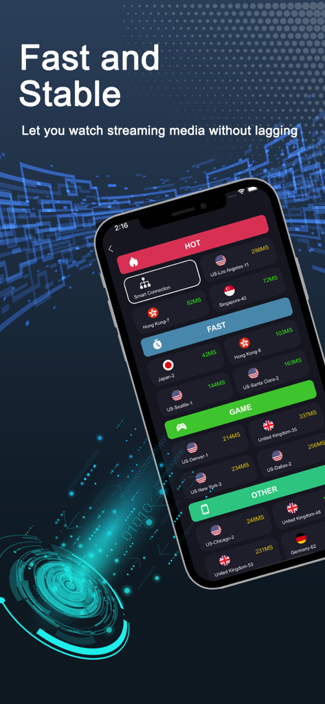 Smartphone screen displaying global VPN server locations categorized by speed and performance