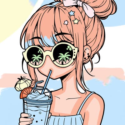 manga girl with hair bun, palm tree sunglasses and a smoothie in her hand