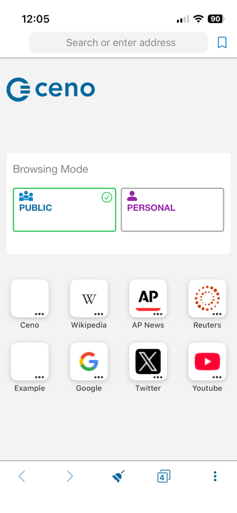 Tela inicial do Ceno Browser mostrando os modos de navegação Público e Pessoal e atalhos rápidos para sites.