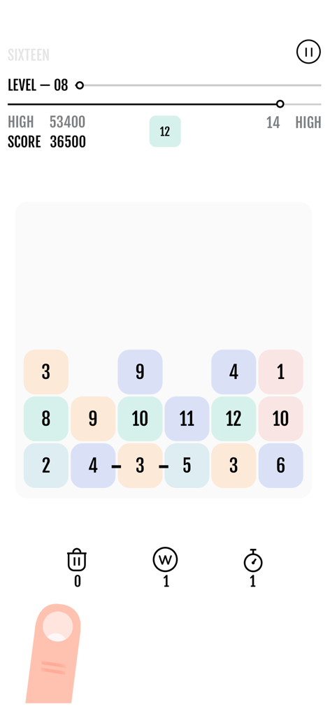 Tela de gameplay do Sixteen The Puzzle mostrando blocos numerados e progresso de nível