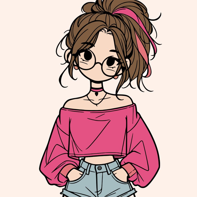 girl with a messy ponytail glasses a baggy crop top and jean shorts