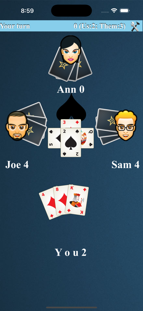 Whist - Card Game - Gameplay screen of Whist card game with four players and cards displayed on a blue table