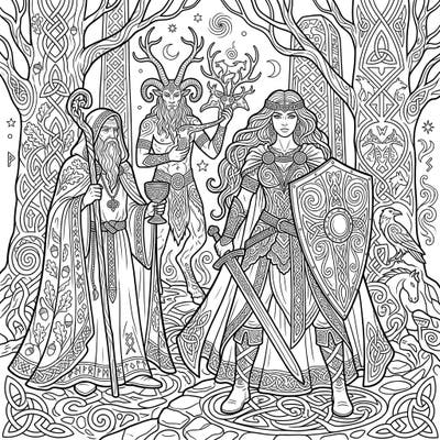 Step into an ancient world where Celtic legends meet gothic mystery in this intricate coloring page. Discover warriors, druids, and mythical creatures waiting for your artistic touch.