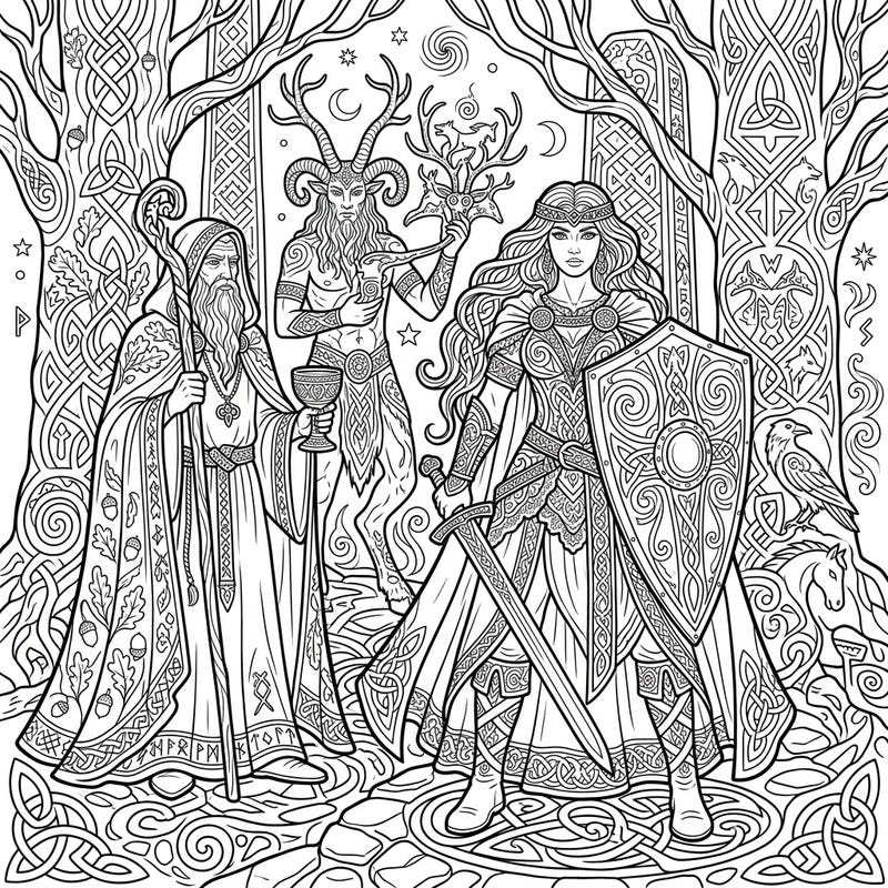 Step into an ancient world where Celtic legends meet gothic mystery in this intricate coloring page. Discover warriors, druids, and mythical creatures waiting for your artistic touch.