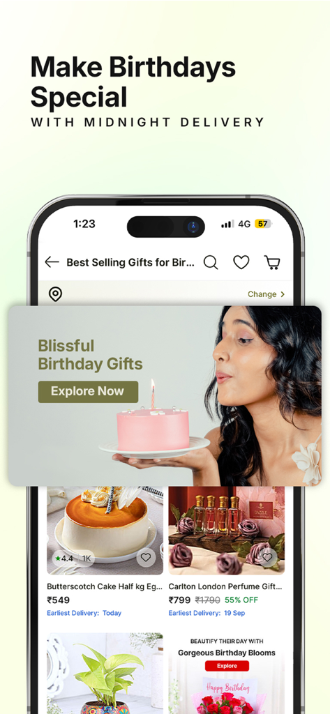 FNP mobile app screen showcasing birthday gift options including cakes and perfumes with a midnight delivery promotion