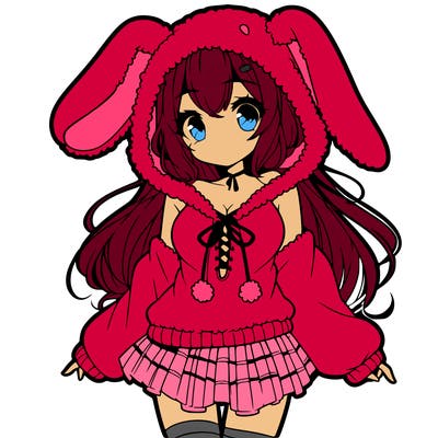 pretty anime girl wearing a fluffy hoodie with bunny ears on the hood and a skirt