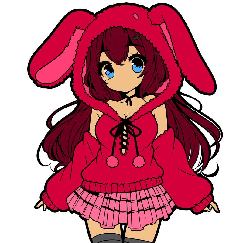 pretty anime girl wearing a fluffy hoodie with bunny ears on the hood and a skirt