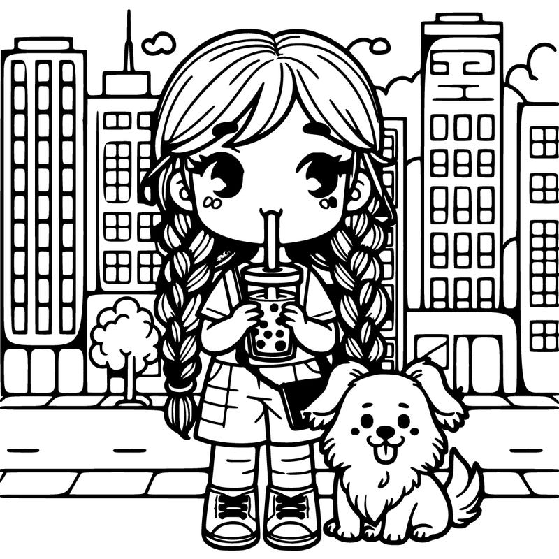 a girl in the city drinking boba with braids and a  dog that she’s is holding