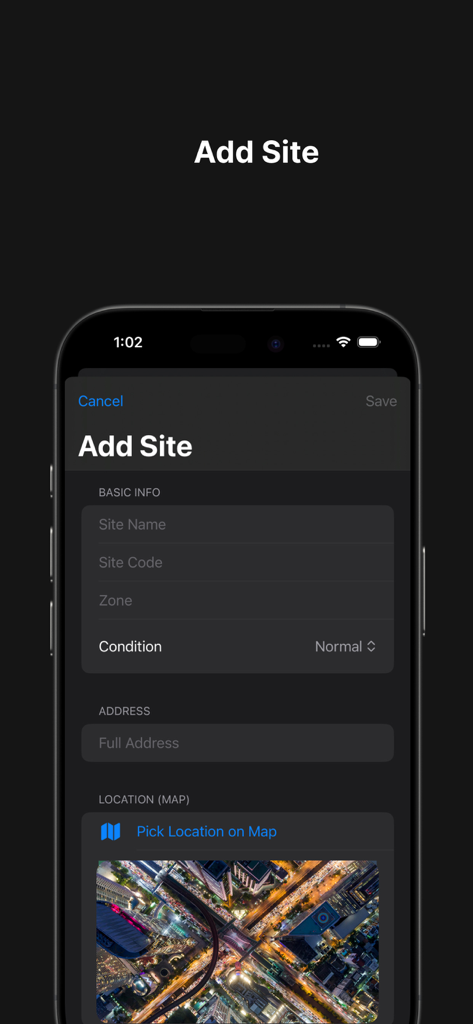 Maps 4u - Interface of the Maps 4u app showing the form to add a new collection site with fields for site details and map location