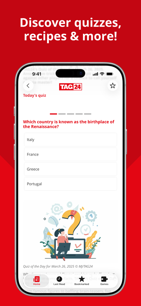TAG24 NEWS - TAG24 NEWS app displaying an interactive trivia quiz on a smartphone
