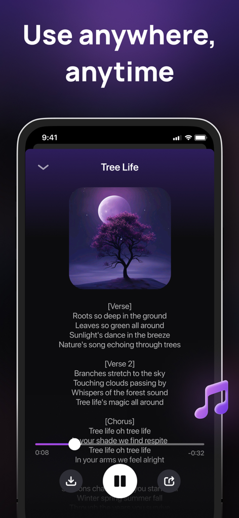 Interfaz de la aplicación Generador de Canciones con IA reproduciendo una canción con la letra en pantalla
