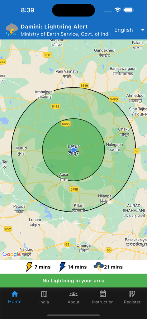 Damini : Lightning Alert - Interface de l'application Damini Lightning Alert affichant une carte météorologique avec un suivi des éclairs basé sur la localisation.