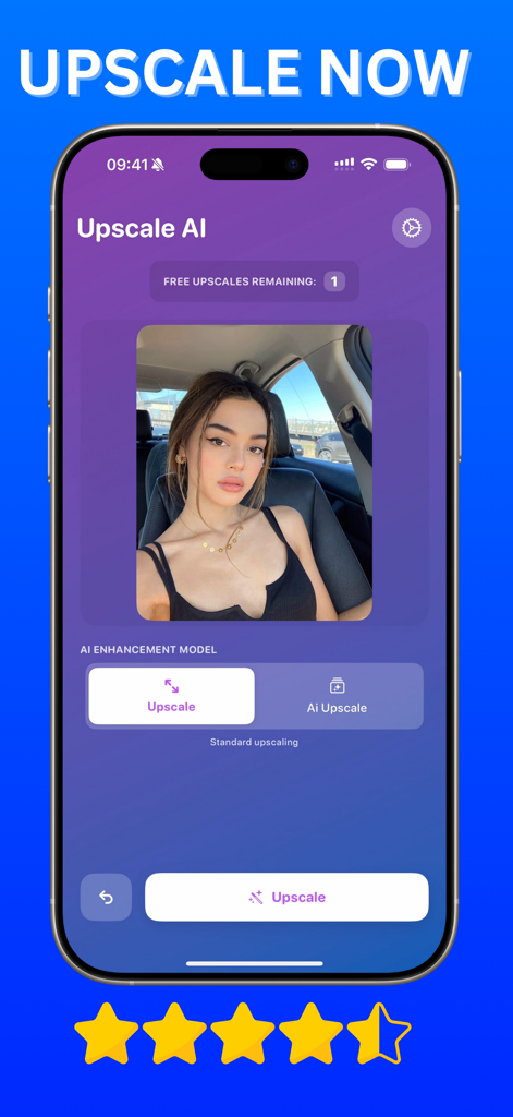 Upscale AI: HD Photo Enhancer - Interface do aplicativo Upscale AI mostrando uma foto de retrato e opções para escalonamento padrão e de IA