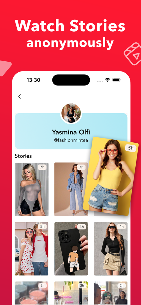 Story Saver : Save & Repost - Interfaz de una aplicación móvil que muestra la página de un perfil con una cuadrícula de historias de redes sociales y un encabezado que dice Ver historias de forma anónima.