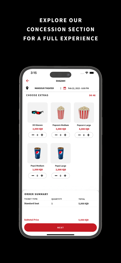 Section de restauration de l'application mobile Iraqi Cinema pour commander des collations et des boissons