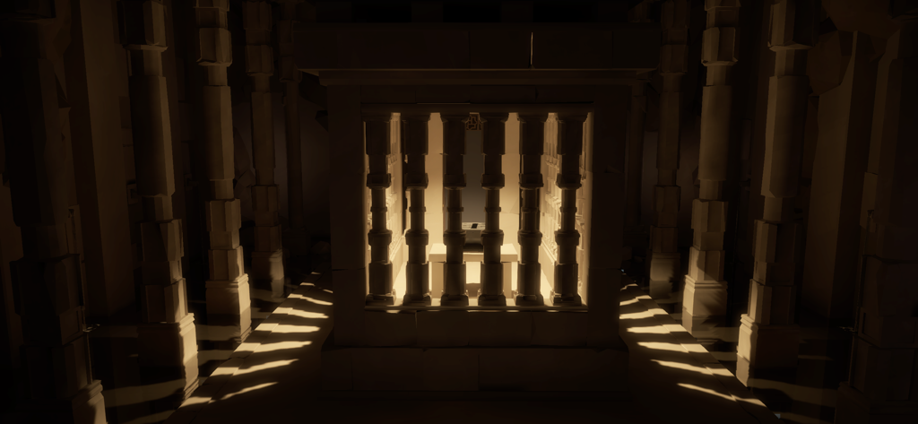 Sombras dramáticas y pilares dentro de un templo de piedra en The Witness