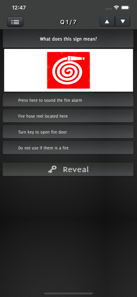 ECS Card Revision - ECS revision app practice question identifying a fire hose reel safety sign