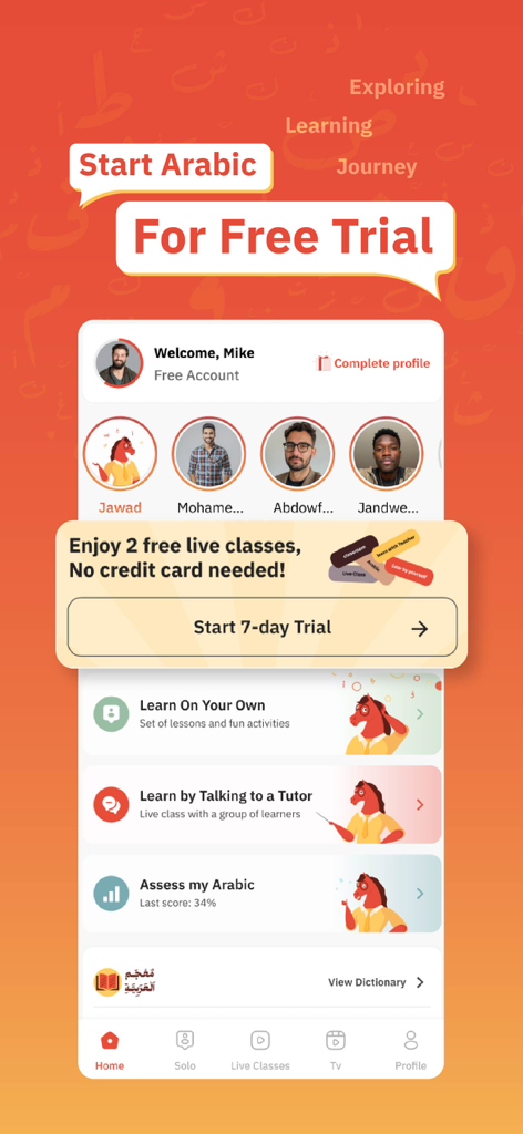 Teach Me Arabic - Teach Me Arabic app home screen showing options for solo learning, live tutoring, and assessment tools.