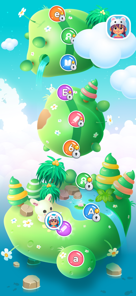 Учимо Азбуку  Serbian Alphabet - Eine farbenfrohe Spiel-Weltkarte für Kinder, die das serbische kyrillische Alphabet lernen, mit schwebenden Inseln und Buchstaben-Levels