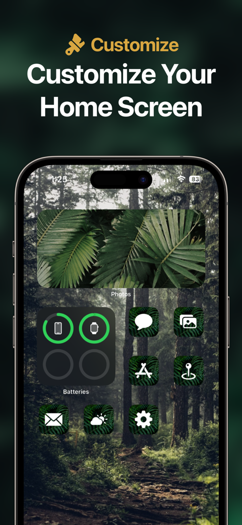 Iconic - App Icon Changer - Nature themed iPhone home screen with customized green app icons