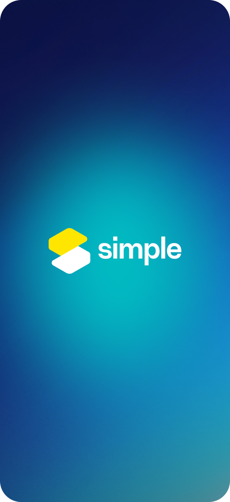 파란색 그라데이션 배경에 로고가 특징인 Simple.mn 모바일 앱 스플래시 화면