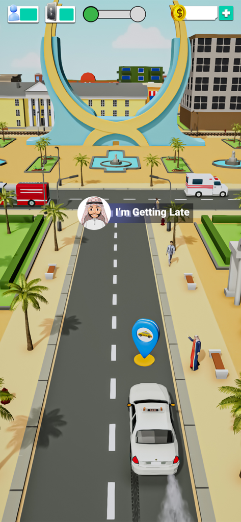 Pick me up 3D: Taxi Simulator - Gameplay of Pick me up 3D Taxi Simulator showing a white taxi driving in a city to pick up a passenger.