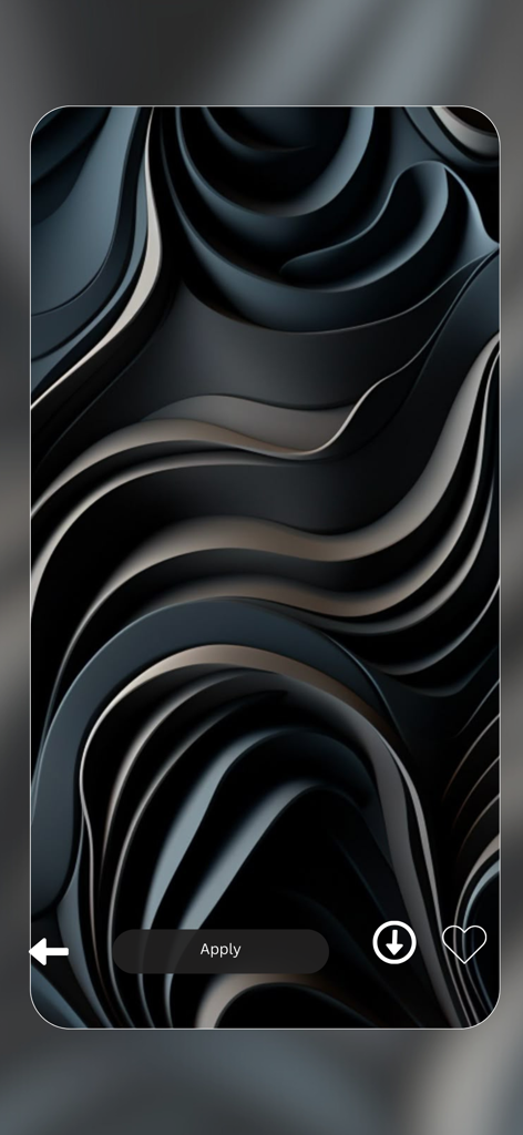 Vellum Wallpapers 4k - Un fondo de pantalla abstracto oscuro premium con elegantes ondas 3D y líneas fluidas en una interfaz de vista previa de aplicación móvil
